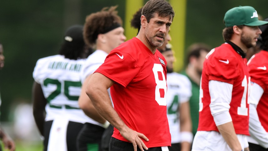 Jul 25, 2024; Florham Park, NJ, USA; New York Jets quarterback Aaron Rodgers (8) looks on during training camp at Atlantic Health Jets Training Center. Mandatory Credit: John Jones-USA TODAY Sports