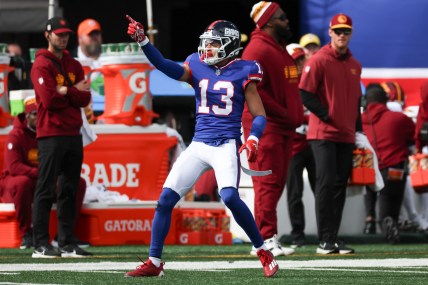 Oct 22, 2023; East Rutherford, New Jersey, USA; New York Giants wide receiver Jalin Hyatt (13) reacts after a first down catch during the first half against the Washington Commanders at MetLife Stadium. Mandatory Credit: Vincent Carchietta-USA TODAY Sports