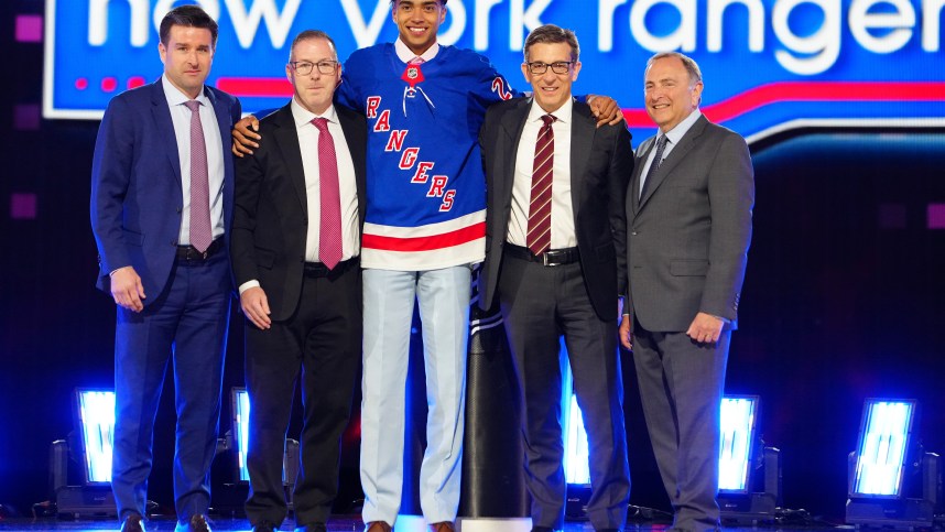 Jun 28, 2024; Las Vegas, Nevada, USA; Eric (EJ) Emery is selected by the New York Rangers with the 30th overall pick in the first round of the 2024 NHL Draft at The Sphere. Mandatory Credit: Stephen R. Sylvanie-USA TODAY Sports