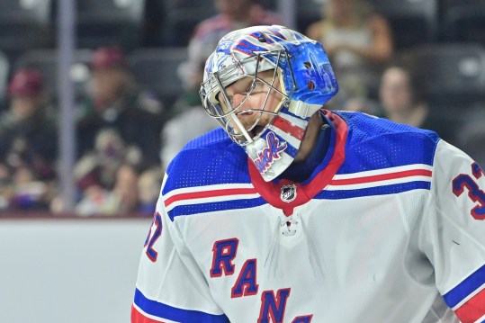 Mar 30, 2024; Tempe, Arizona, USA; New York Rangers goaltender Jonathan Quick (32) looks on in the second period against the Arizona Coyotes at Mullett Arena. Mandatory Credit: Matt Kartozian-USA TODAY Sports