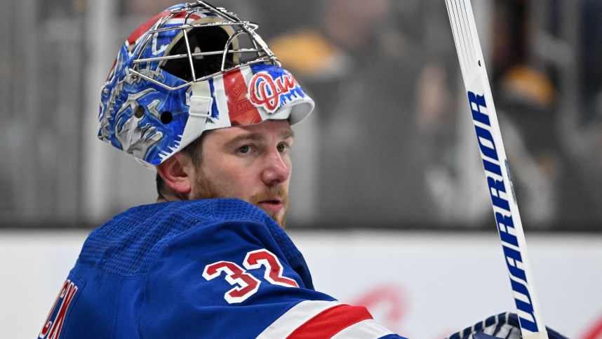 Mar 21, 2024; Boston, Massachusetts, USA; New York Rangers goaltender Jonathan Quick (32) takes a water break during a commercial break in the first period of a game against the Boston Bruins at the TD Garden. Mandatory Credit: Brian Fluharty-USA TODAY Sports