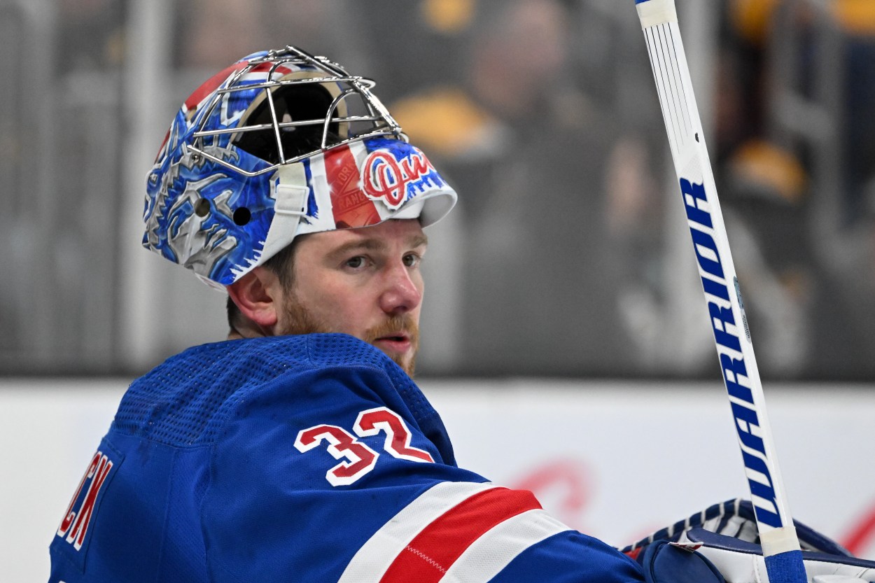 Mar 21, 2024; Boston, Massachusetts, USA; New York Rangers goaltender Jonathan Quick (32) takes a water break during a commercial break in the first period of a game against the Boston Bruins at the TD Garden. Mandatory Credit: Brian Fluharty-USA TODAY Sports