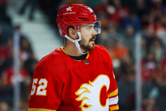 Oct 24, 2023; Calgary, Alberta, CAN; Calgary Flames defenseman MacKenzie Weegar (52) skates against the New York Rangers during the first period at Scotiabank Saddledome. Mandatory Credit: Sergei Belski-USA TODAY Sports