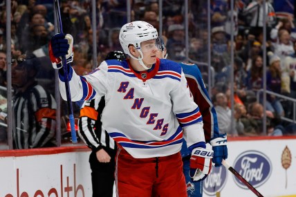 Mar 28, 2024; Denver, Colorado, USA; New York Rangers right wing Kaapo Kakko (24) celebrates after his goal in the third period against the Colorado Avalanche at Ball Arena. Mandatory Credit: Isaiah J. Downing-USA TODAY Sports