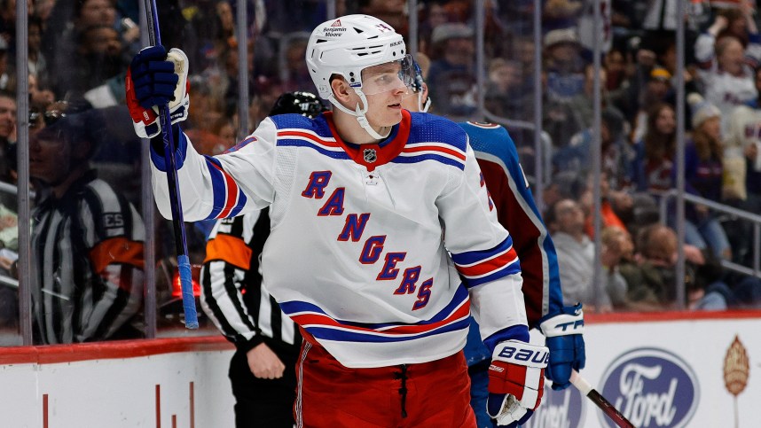 Mar 28, 2024; Denver, Colorado, USA; New York Rangers right wing Kaapo Kakko (24) celebrates after his goal in the third period against the Colorado Avalanche at Ball Arena. Mandatory Credit: Isaiah J. Downing-USA TODAY Sports