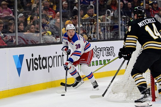 Sep 24, 2023; Boston, Massachusetts, USA; New York Rangers left wing Adam Sykora (38) look to make a pass against the Boston Bruins during the second period at TD Garden. Mandatory Credit: Eric Canha-USA TODAY Sports