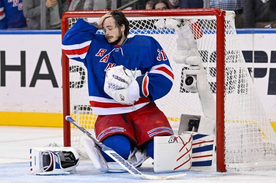 May 30, 2024; New York, New York, USA; New York Rangers goaltender Igor Shesterkin (31) recovers after getting run into by Florida Panthers defenseman Niko Mikkola (not pictured) during the second period in game five of the Eastern Conference Final of the 2024 Stanley Cup Playoffs at Madison Square Garden. Mandatory Credit: Dennis Schneidler-USA TODAY Sports