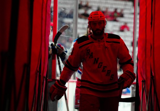 May 16, 2024; Raleigh, North Carolina, USA; New York Rangers center Vincent Trocheck (16) comes off the ice after the warmups before the game against the Carolina Hurricanes in game six of the second round of the 2024 Stanley Cup Playoffs at PNC Arena. Mandatory Credit: James Guillory-USA TODAY Sports