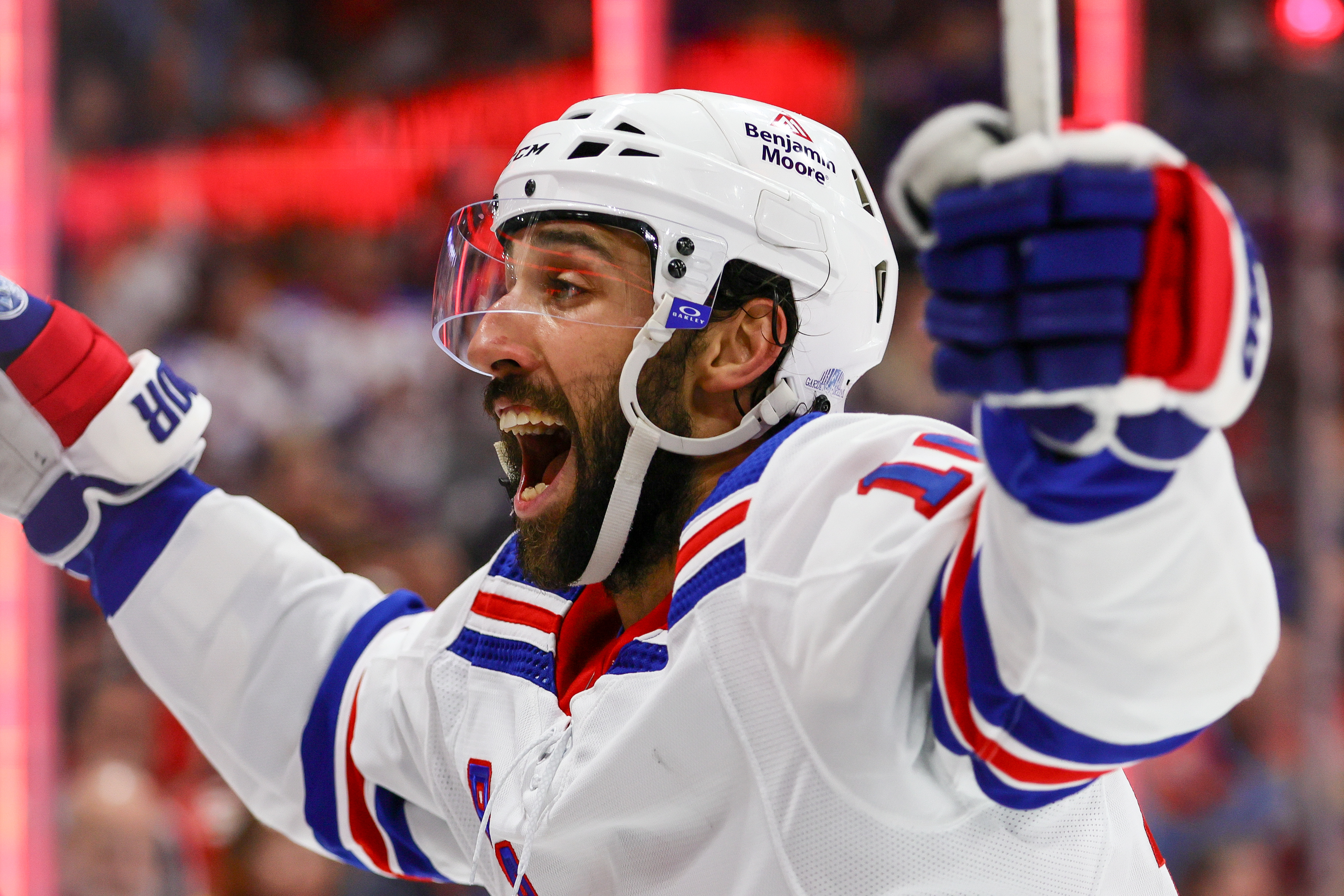 May 28, 2024; Sunrise, Florida, USA; New York Rangers center Vincent Trocheck (16) celebrates after a goal by left wing Alexis Lafreniere (not pictured) against the Florida Panthers during the third period in game four of the Eastern Conference Final of the 2024 Stanley Cup Playoffs at Amerant Bank Arena. Mandatory Credit: Sam Navarro-USA TODAY Sports