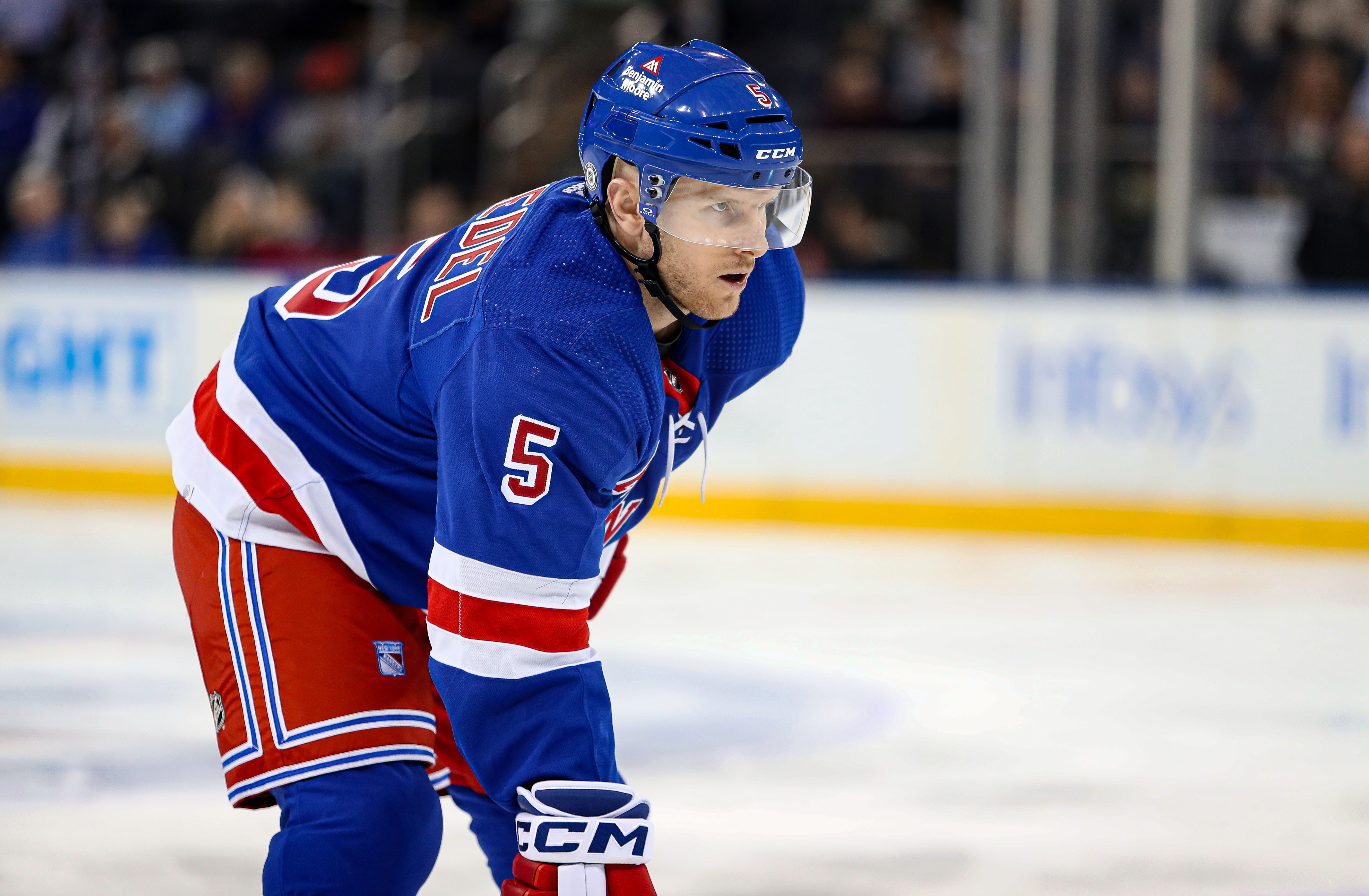 Mar 19, 2024; New York, New York, USA; New York Rangers defenseman Chad Ruhwedel (5) awaits a face-off against the Winnipeg Jets during the first period at Madison Square Garden. Mandatory Credit: Danny Wild-USA TODAY Sports