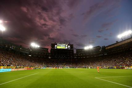 The sky finally clears up after dramatic weather cause two delays to the exhibition match between FC Bayern Munich and Manchester City on July 23, 2022 at Lambeau Field in Green Bay, Wis.