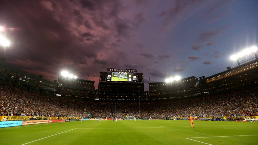 The sky finally clears up after dramatic weather cause two delays to the exhibition match between FC Bayern Munich and Manchester City on July 23, 2022 at Lambeau Field in Green Bay, Wis.