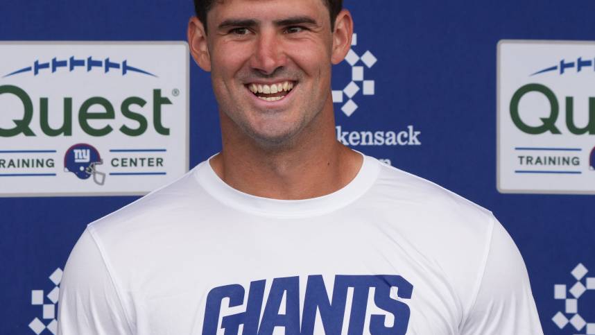 East Rutherford, NJ -- June 11, 2024 -- Quarterback, Daniel Jones is interviewed at the end of practice field at the NY Giants Mandatory Minicamp at their practice facility in East Rutherford, NJ.