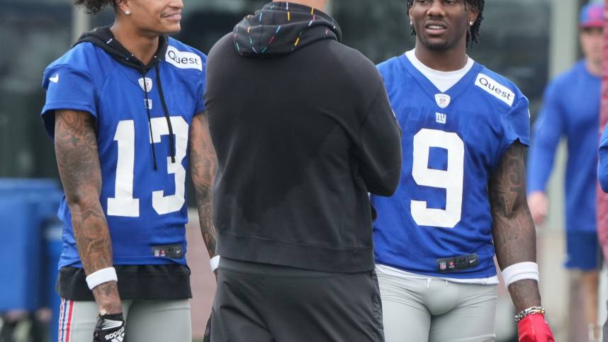 East Rutherford, NJ -- July 24, 2024 -- Wide receivers, Jalin Hyatt and first round draft pick, Malik Nabers during the first day of training camp for the 2024 New York Giants.