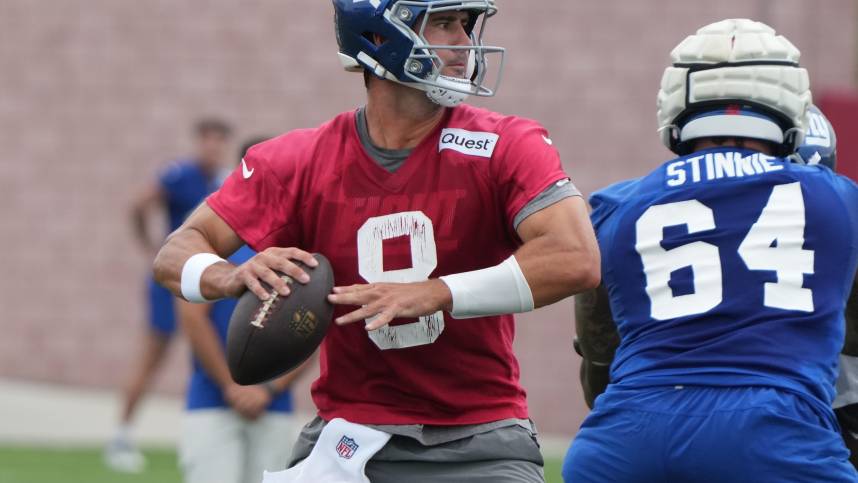 East Rutherford, NJ -- July 24, 2024 -- Quarterback, Daniel Jones during the first day of training camp for the 2024 New York Giants.