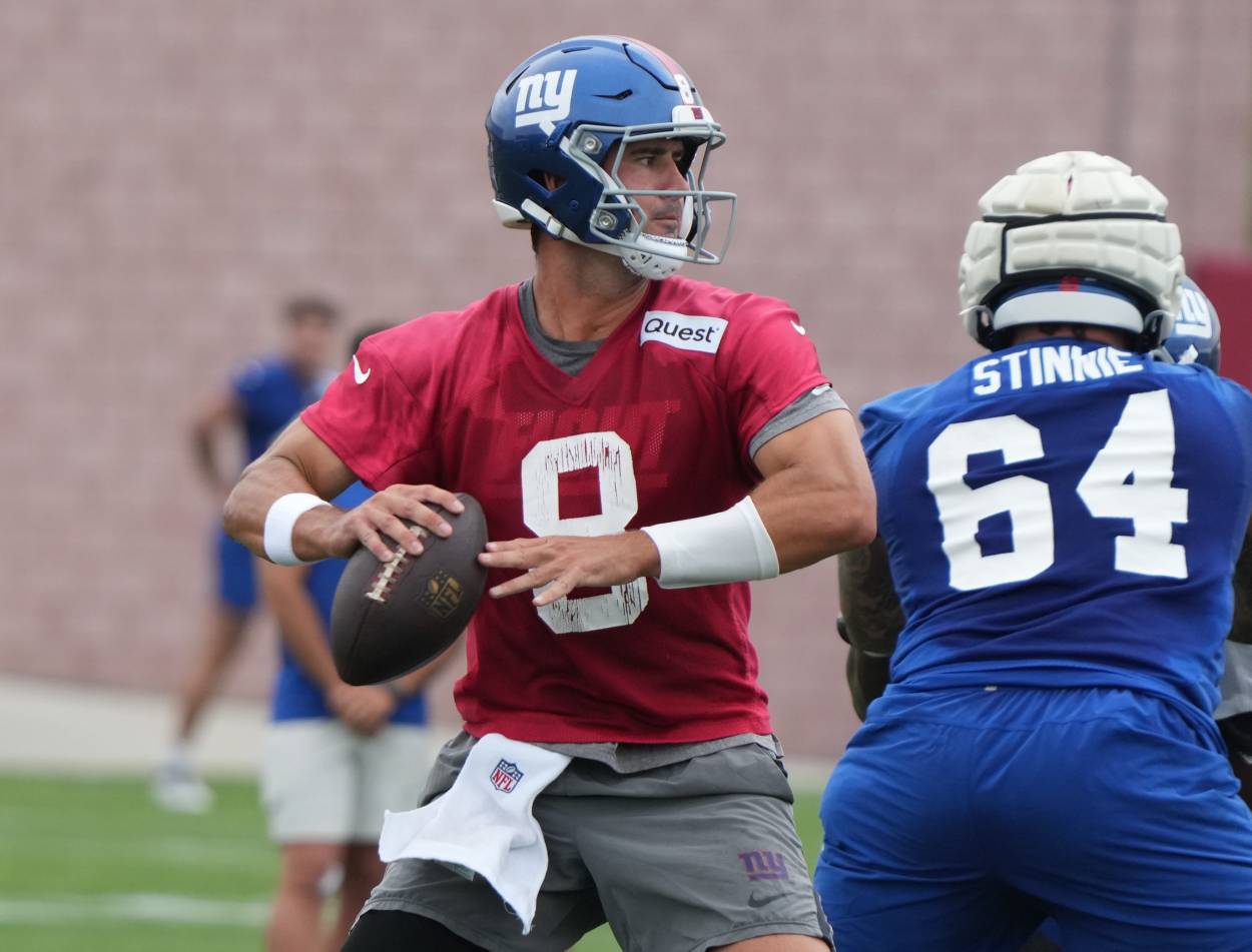 East Rutherford, NJ -- July 24, 2024 -- Quarterback, Daniel Jones during the first day of training camp for the 2024 New York Giants.