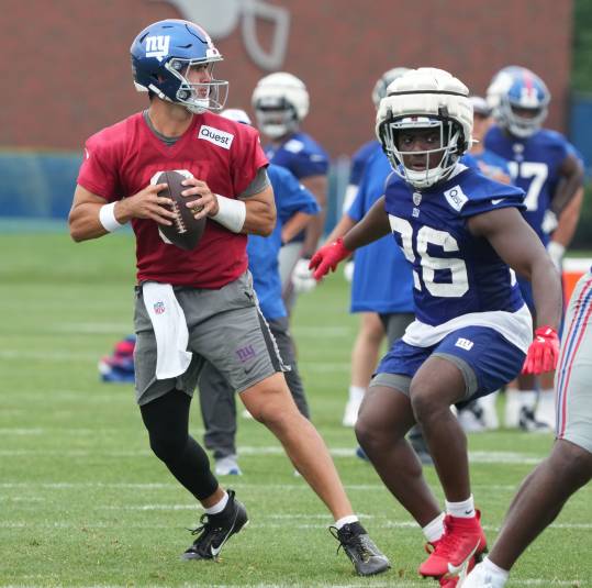 East Rutherford, NJ -- July 24, 2024 -- Quarterback, Daniel Jones during the first day of training camp for the 2024 New York Giants.