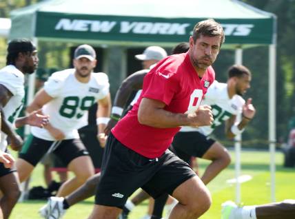 Florham Park, NJ -- July 27, 2024 -- Quarterback, Aaron Rodgers during New York Jets training camp this morning.