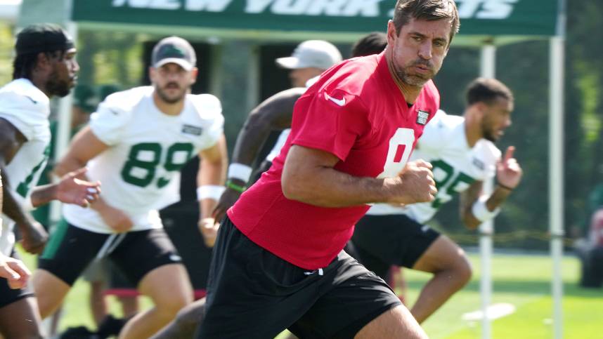 Florham Park, NJ -- July 27, 2024 -- Quarterback, Aaron Rodgers during New York Jets training camp this morning.