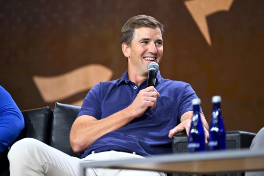 NEW YORK, NEW YORK (GIANTS) - AUGUST 16: Eli Manning speaks onstage at the Fanatics Fest NYC 2024 at Jacob Javits Center on August 16, 2024 in New York City. (Photo by Roy Rochlin/Getty Images for Fanatics)