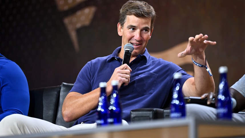 NEW YORK, NEW YORK (GIANTS) - AUGUST 16: Eli Manning speaks onstage at the Fanatics Fest NYC 2024 at Jacob Javits Center on August 16, 2024 in New York City. (Photo by Roy Rochlin/Getty Images for Fanatics)