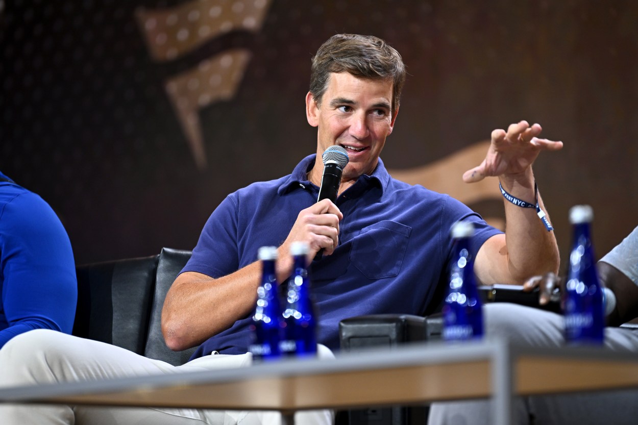 NEW YORK, NEW YORK (GIANTS) - AUGUST 16: Eli Manning speaks onstage at the Fanatics Fest NYC 2024 at Jacob Javits Center on August 16, 2024 in New York City. (Photo by Roy Rochlin/Getty Images for Fanatics)