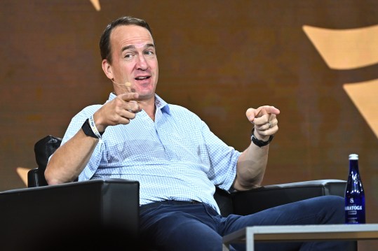 NEW YORK, NEW YORK (GIANTS) - AUGUST 18: Peyton Manning speaks onstage during the Fanatics Fest NYC 2024 at Jacob Javits Center on August 18, 2024 in New York City. (Photo by Roy Rochlin/Getty Images for Fanatics)