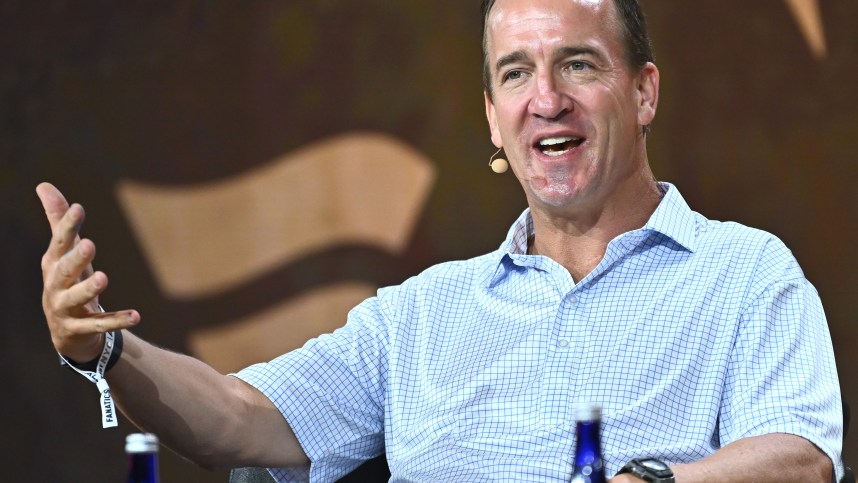 NEW YORK, NEW YORK (GIANTS) - AUGUST 18: Peyton Manning speaks onstage during the Fanatics Fest NYC 2024 at Jacob Javits Center on August 18, 2024 in New York City. (Photo by Roy Rochlin/Getty Images for Fanatics)