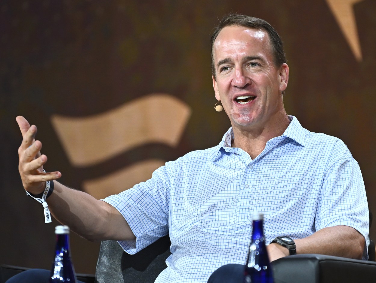 NEW YORK, NEW YORK (GIANTS) - AUGUST 18: Peyton Manning speaks onstage during the Fanatics Fest NYC 2024 at Jacob Javits Center on August 18, 2024 in New York City. (Photo by Roy Rochlin/Getty Images for Fanatics)