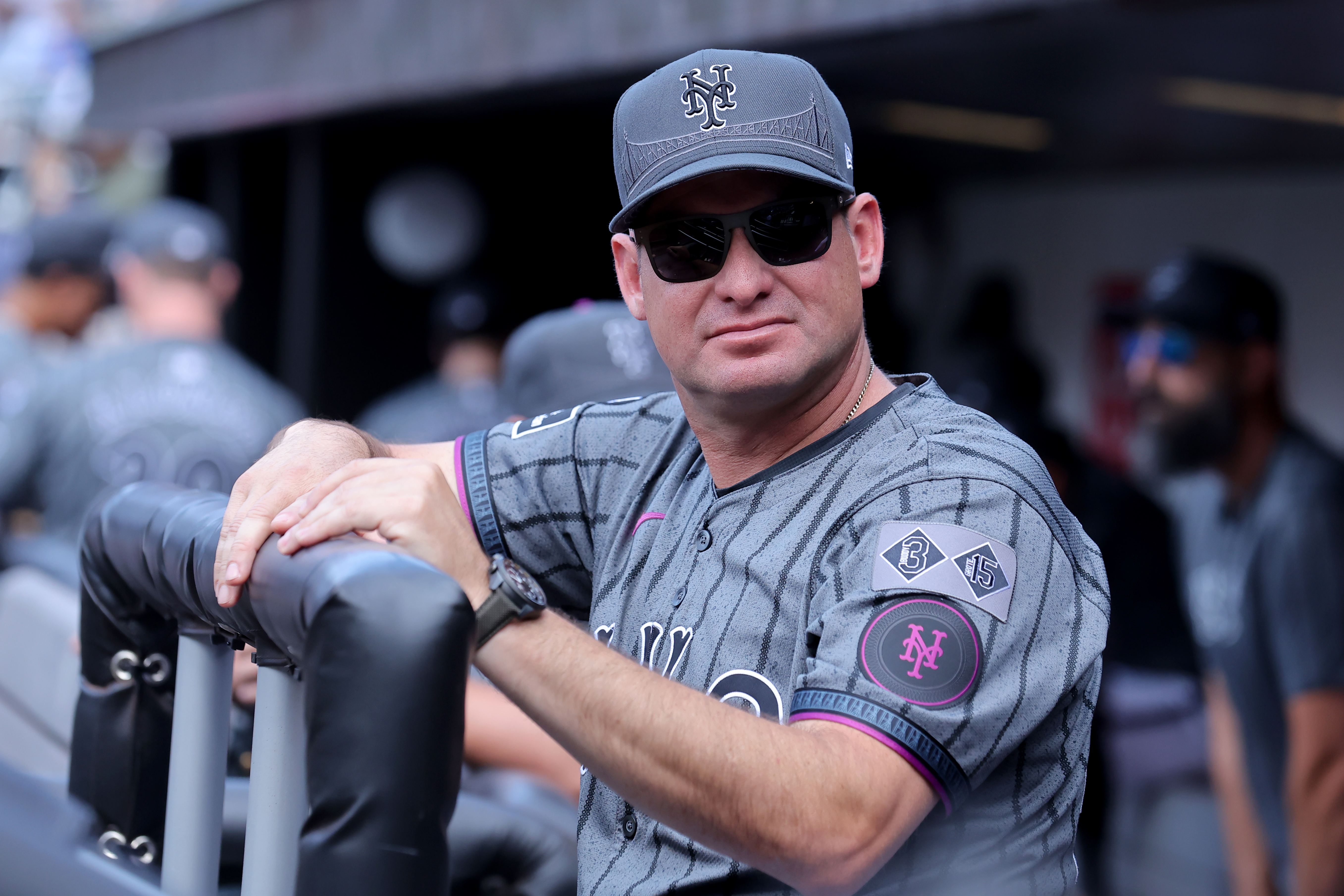 Jul 27, 2024; New York City, New York, USA; New York Mets manager Carlos Mendoza (64) in the dugout before a game against the Atlanta Braves at Citi Field. Mandatory Credit: Brad Penner-USA TODAY Sports