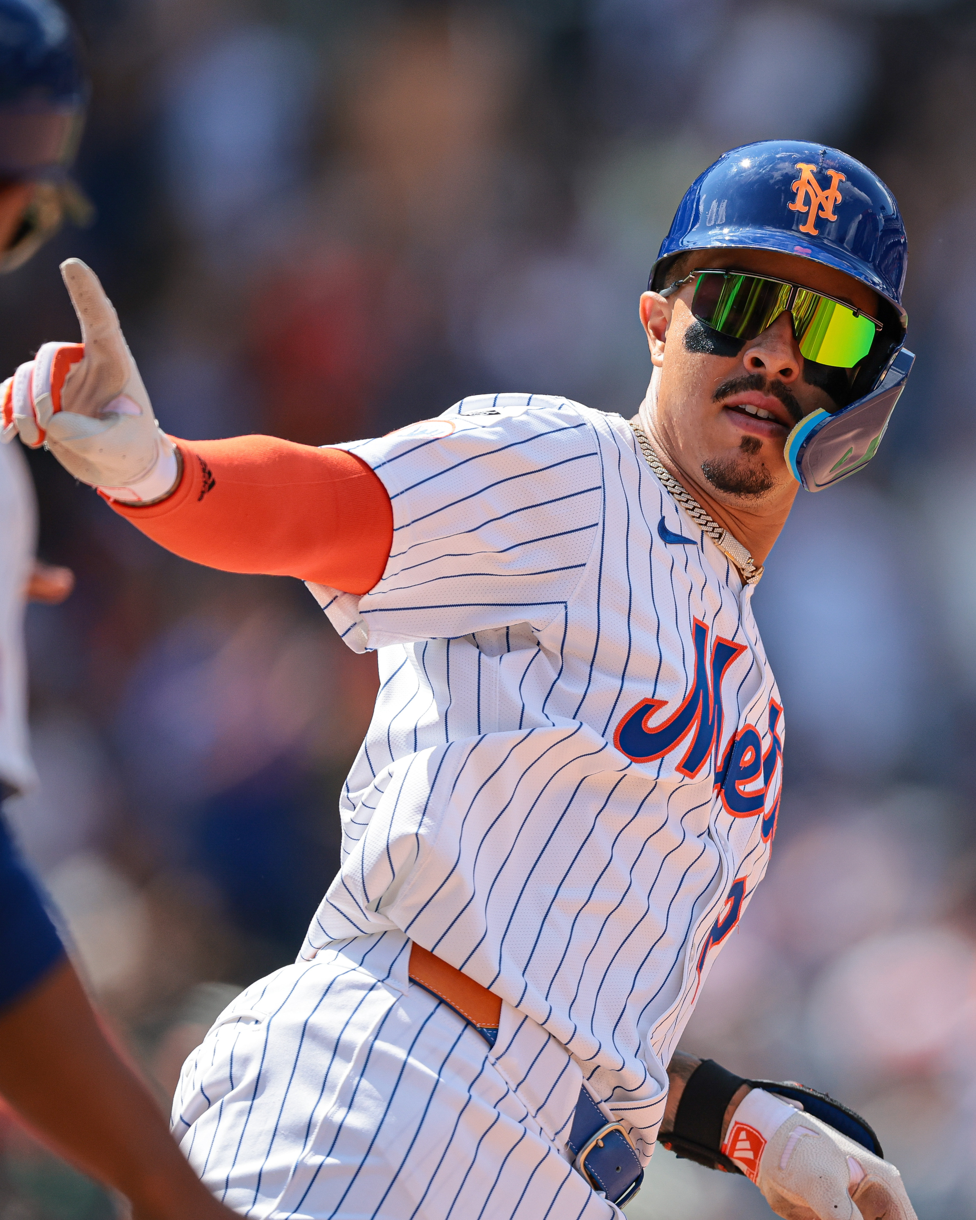 Aug 21, 2024; New York City, New York, USA; New York Mets third baseman Mark Vientos (27) reacts after hitting a solo home run during the seventh inning against the Baltimore Orioles at Citi Field. Mandatory Credit: Vincent Carchietta-USA TODAY Sports