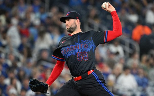 Jun 5, 2024; Toronto, Ontario, CAN;  Toronto Blue Jays relief pitcher Tim Mayza (58) delivers a pitch against the Baltimore Orioles in the seventh inning at Rogers Centre. Mandatory Credit: Dan Hamilton-USA TODAY Sports 