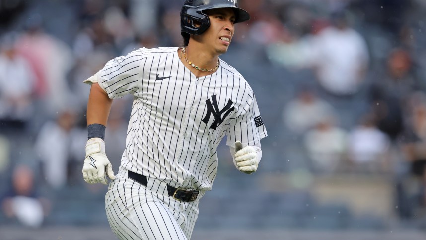 Aug 7, 2024; Bronx, New York, USA; New York Yankees second baseman Oswaldo Cabrera (95) rounds the bases after hitting a solo home run against the Los Angeles Angels during the second inning at Yankee Stadium. Mandatory Credit: Brad Penner-USA TODAY Sports