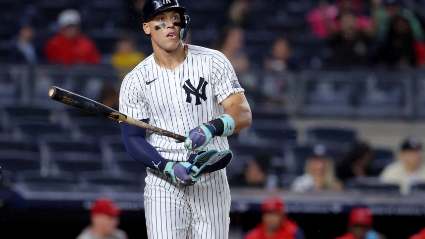 Aug 7, 2024; Bronx, New York, USA; New York Yankees center fielder Aaron Judge (99) reacts after drawing a walk against the Los Angeles Angels during the seventh inning at Yankee Stadium. Mandatory Credit: Brad Penner-USA TODAY Sports