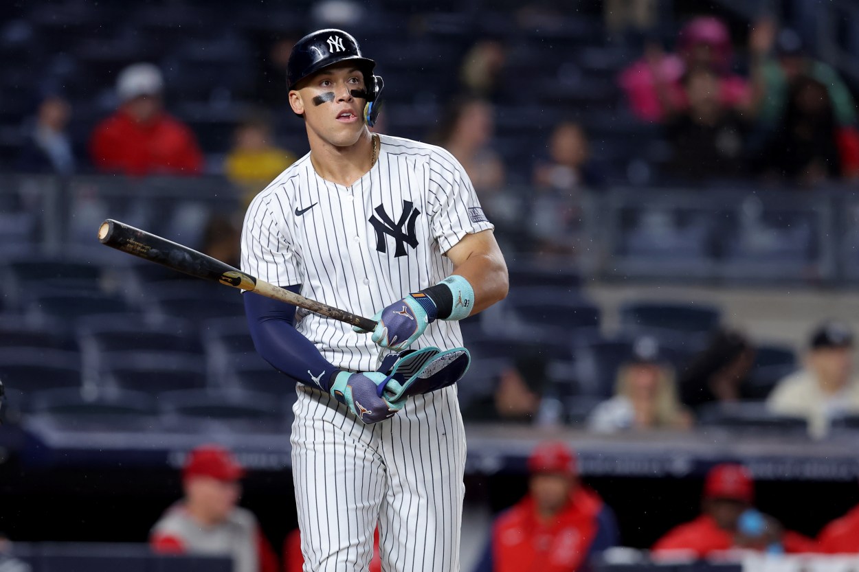 Aug 7, 2024; Bronx, New York, USA; New York Yankees center fielder Aaron Judge (99) reacts after drawing a walk against the Los Angeles Angels during the seventh inning at Yankee Stadium. Mandatory Credit: Brad Penner-USA TODAY Sports