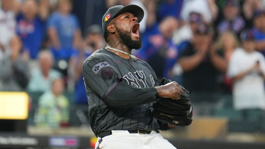 Aug 17, 2024; New York City, New York, USA; New York Mets pitcher Luis Severino (40) celebrates after pitching a shutout against the Miami Marlins at Citi Field. Mandatory Credit: Lucas Boland-USA TODAY Sports