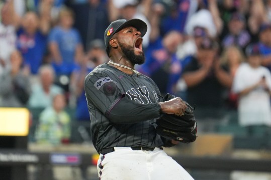 Aug 17, 2024; New York City, New York, USA; New York Mets pitcher Luis Severino (40) celebrates after pitching a shutout against the Miami Marlins at Citi Field. Mandatory Credit: Lucas Boland-USA TODAY Sports