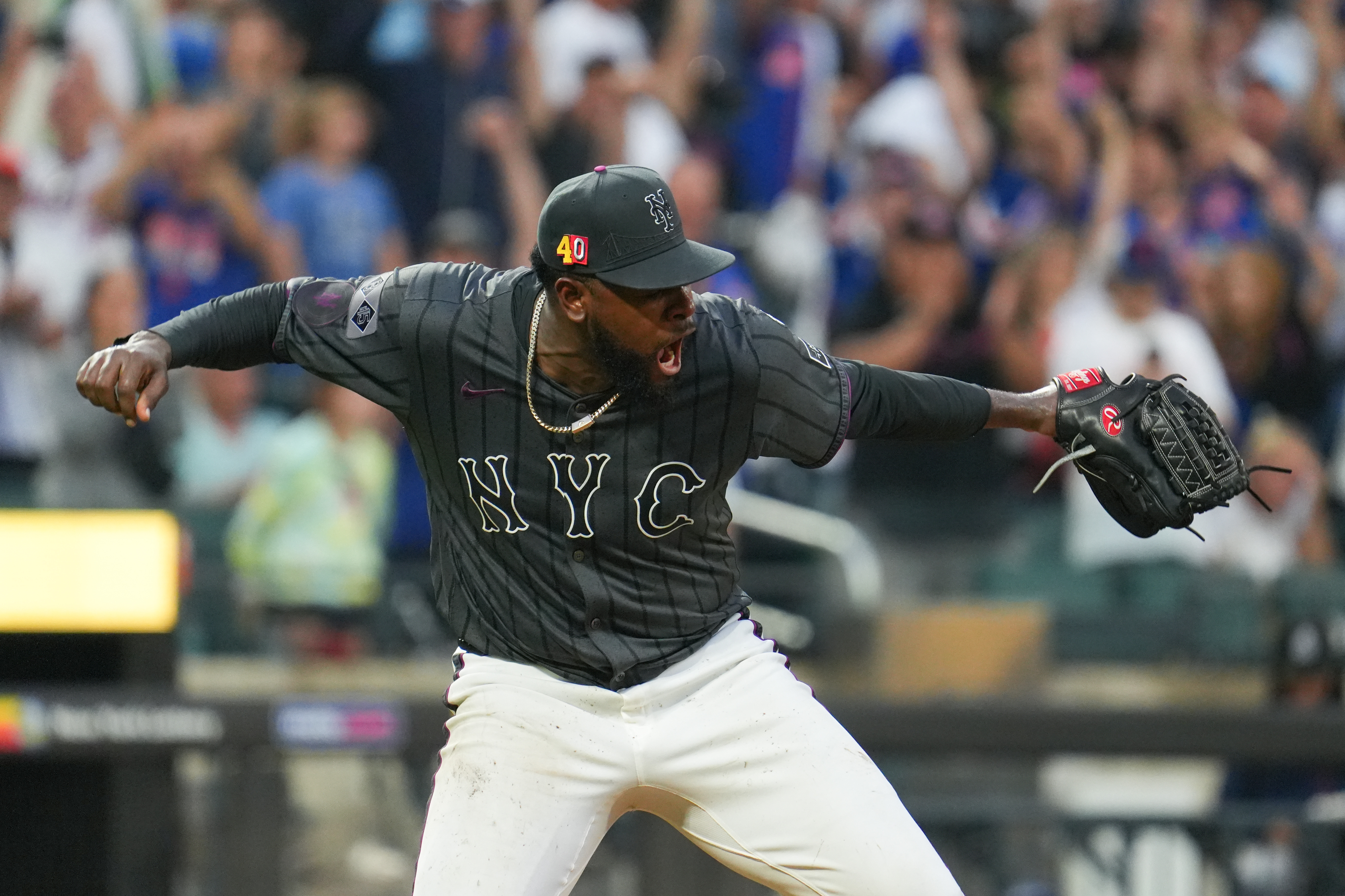 Aug 17, 2024; New York City, New York, USA; New York Mets pitcher Luis Severino (40) celebrates after pitching a shutout against the Miami Marlins at Citi Field. Mandatory Credit: Lucas Boland-USA TODAY Sports