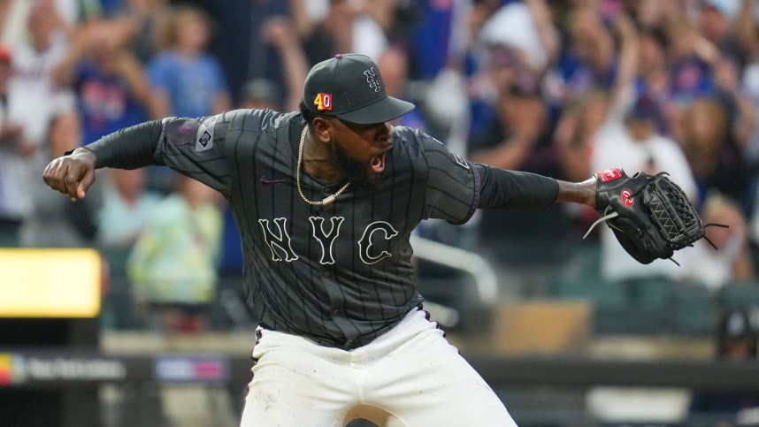 Aug 17, 2024; New York City, New York, USA; New York Mets pitcher Luis Severino (40) celebrates after pitching a shutout against the Miami Marlins at Citi Field. Mandatory Credit: Lucas Boland-USA TODAY Sports