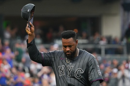 Aug 17, 2024; New York City, New York, USA; New York Mets pitcher Luis Severino (40) reacts after an inning against the Miami Marlins at Citi Field. Mandatory Credit: Lucas Boland-USA TODAY Sports