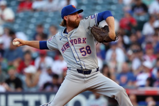 Aug 2, 2024; Anaheim, California, USA;  New York Mets starting pitcher Paul Blackburn (58) pitches during the first inning against the Los Angeles Angels at Angel Stadium. Mandatory Credit: Kiyoshi Mio-USA TODAY Sports