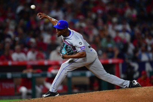 August 3, 2024; Anaheim, California, USA; New York Mets pitcher Huascar Brazoban (43) throws against the Los Angeles Angels during the seventh inning at Angel Stadium. Mandatory Credit: Gary A. Vasquez-USA TODAY Sports