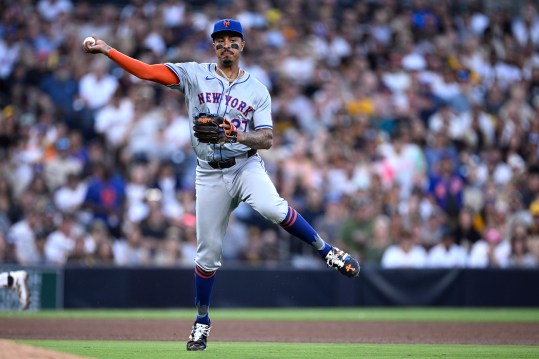 Aug 24, 2024; San Diego, California, USA; New York Mets third baseman Mark Vientos (27) throws to first base on a ground out by San Diego Padres first baseman Luis Arraez (not pictured) during the fifth inning at Petco Park. Mandatory Credit: Orlando Ramirez-USA TODAY Sports