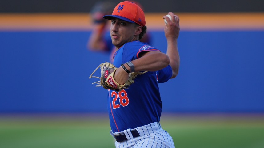 Mar 15, 2024; Port St. Lucie, Florida, USA; New York Mets pitcher Brandon Sproat (28) warms-up in the sixth inning against the Washington Nationals in the Spring Breakout game at Clover Park. Mandatory Credit: Jim Rassol-USA TODAY Sports