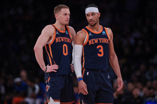 Apr 12, 2024; New York, New York, USA; New York Knicks guard Donte DiVincenzo (0) talks with guard Josh Hart (3) during the second half against the Brooklyn Nets at Madison Square Garden. Mandatory Credit: Vincent Carchietta-USA TODAY Sports