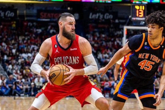 Apr 7, 2023; New Orleans, Louisiana, USA;  New Orleans Pelicans center Jonas Valanciunas (17) controls the ball against New York Knicks center Jericho Sims (45) during the second half at Smoothie King Center. Mandatory Credit: Stephen Lew-USA TODAY Sports