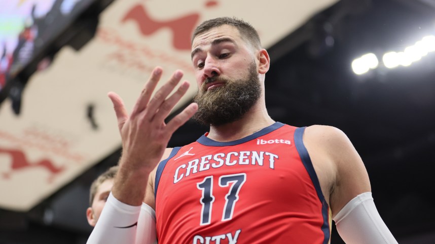 Oct 28, 2023; New Orleans, Louisiana, USA; New Orleans Pelicans center Jonas Valanciunas (17) checks for injury after being hit in the face at Smoothie King Center. Mandatory Credit: Matthew Dobbins-USA TODAY Sports