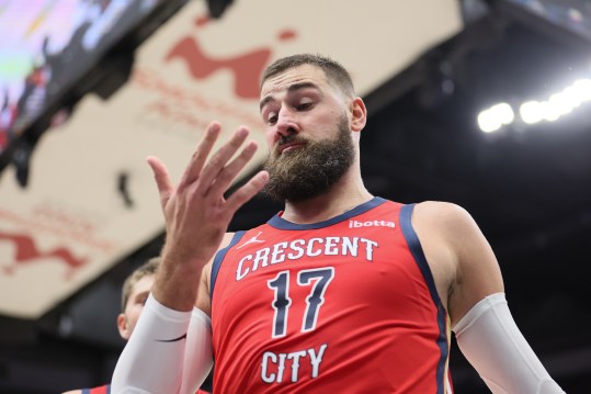 Oct 28, 2023; New Orleans, Louisiana, USA; New Orleans Pelicans center Jonas Valanciunas (17) checks for injury after being hit in the face at Smoothie King Center. Mandatory Credit: Matthew Dobbins-USA TODAY Sports