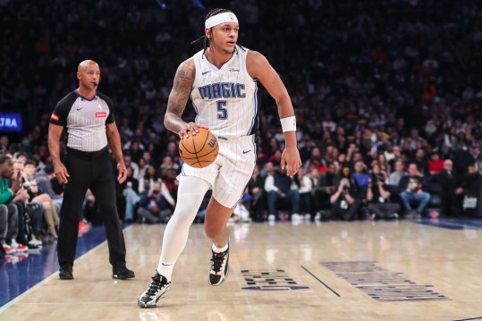 Mar 8, 2024; New York, New York, USA;  Orlando Magic forward Paolo Banchero (5) looks to drive to the basket in the first quarter against the New York Knicks at Madison Square Garden. Mandatory Credit: Wendell Cruz-USA TODAY Sports