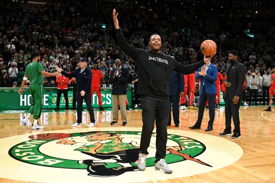 Oct 22, 2021; Boston, Massachusetts, USA; Former Boston Celtics player Paul Pierce carries the game ball before a game against the Toronto Raptors at the TD Garden. Mandatory Credit: Brian Fluharty-USA TODAY Sports